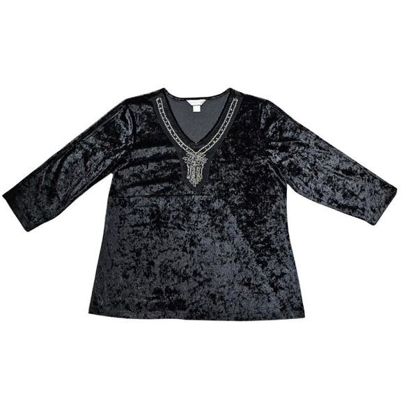 Christopher & Banks Tops - Whimsygoth Hippie Black Crushed Velvet Cold Shoulder Beaded VNeck 3/4 Sleeve Top